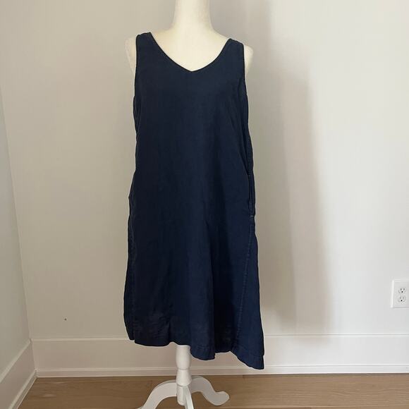 Pure J. Jill Love Linen V-neck Asymmetric Sleeveless Dress Navy Medium Petite - Picture 1 of 4